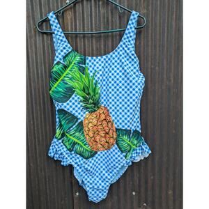 Juicy Couture Pineapple‎ Swimsuit XL Blue Gingham Ruffle One-Piece Open Back